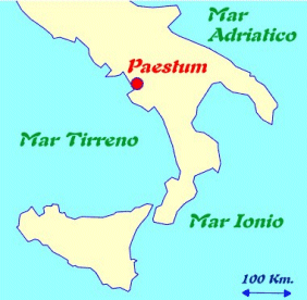 Paestum is located in Southern Italy just south of the Bay of Naples