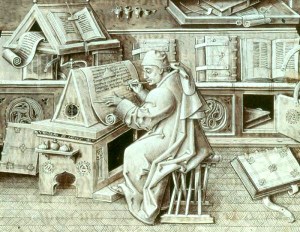 A medieval scribe at work in the writing room 'Scriptorium' of a monastery or abbey. Manuscripts were painstakingly written out by hand, and often beautifully illustrated.