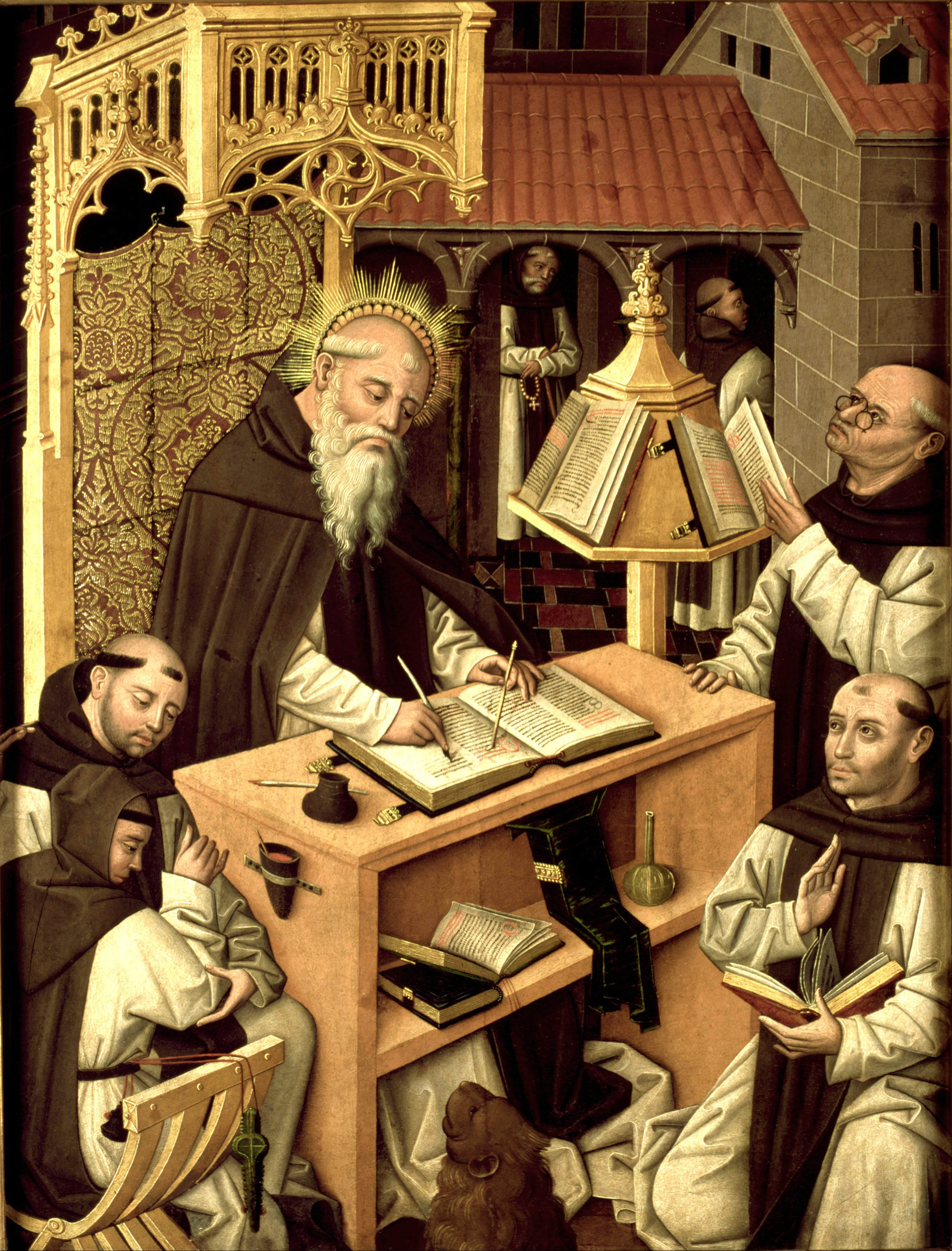 St Jerome in the scriptorium. This was the place in an abbey or monastery where important books would be written out, by hand.