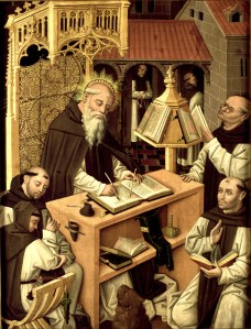 St Jerome in the scriptorium. This was the place in an abbey or monastery where important books would be written out, by hand.