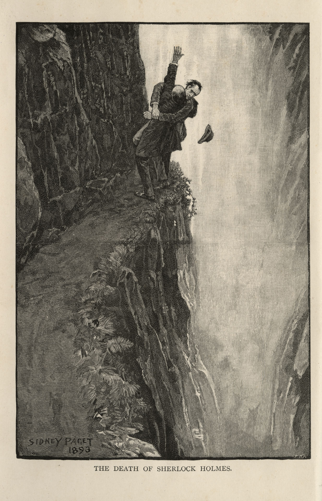 Sherlock Holmes and Professor Moriarty at the Reichenbach Falls, Switzerland (1893) by Sidney Paget - from Arthur Conan Doyle's story 'The Final Problem'