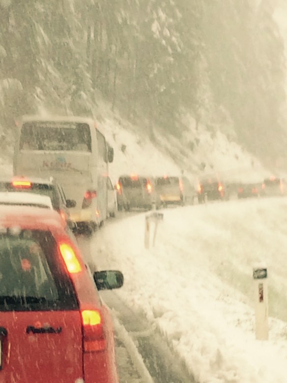 The road up to the pass was snowy and blocked.