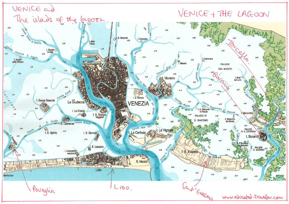 The lagoon of Venice - 1932 map with Torcello and Burano islands far right. www.educated-traveller.com