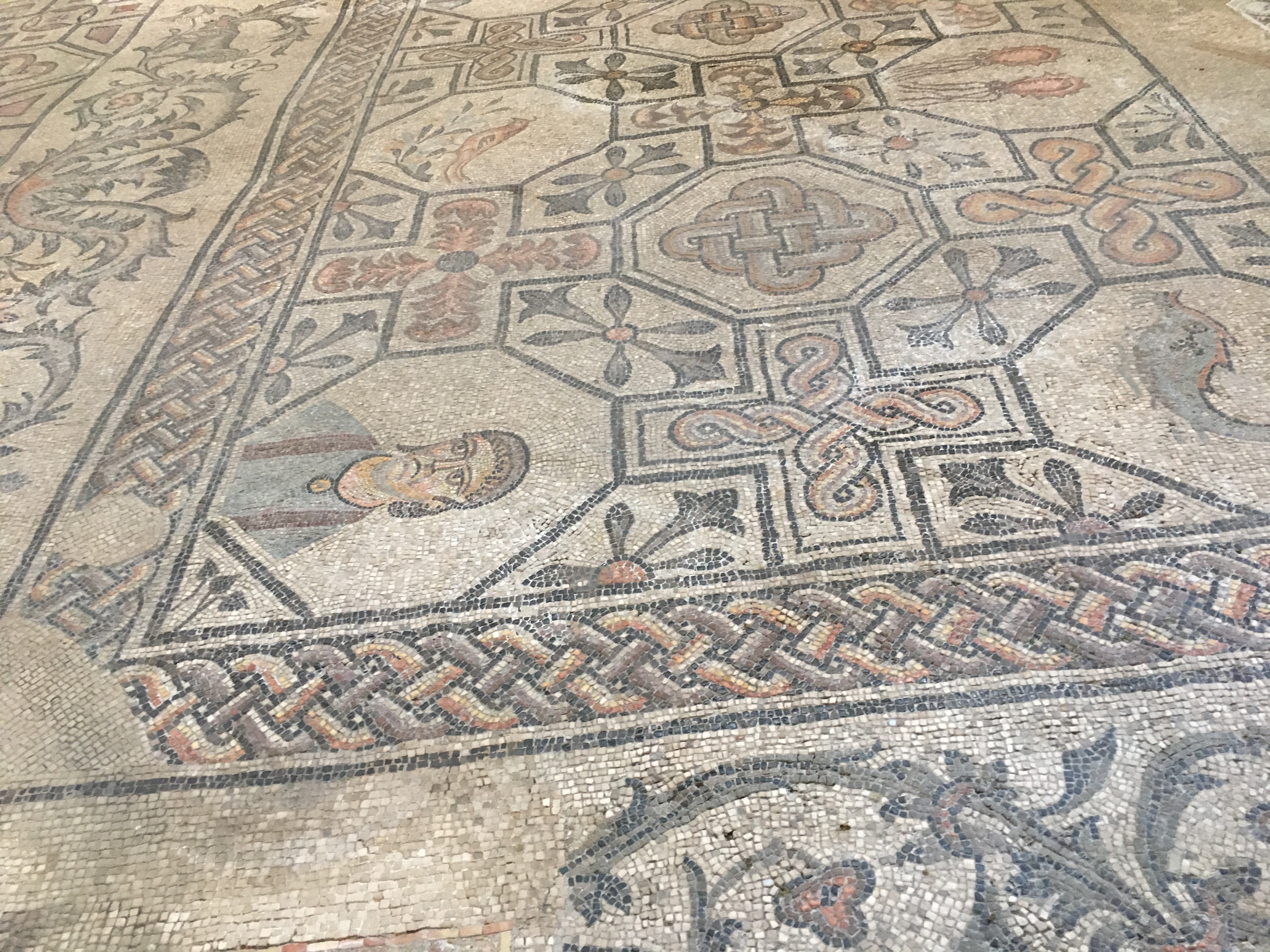 Aquileia - Roman mosaic details, including people, birds and intricate weaving patterns