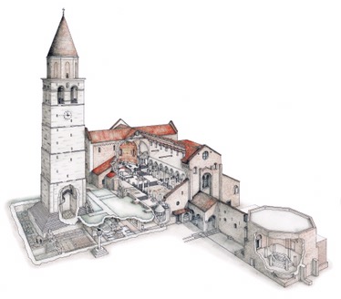 Aquileia - model showing the layout of Basilica, Bell Tower and adjoining Baptistery