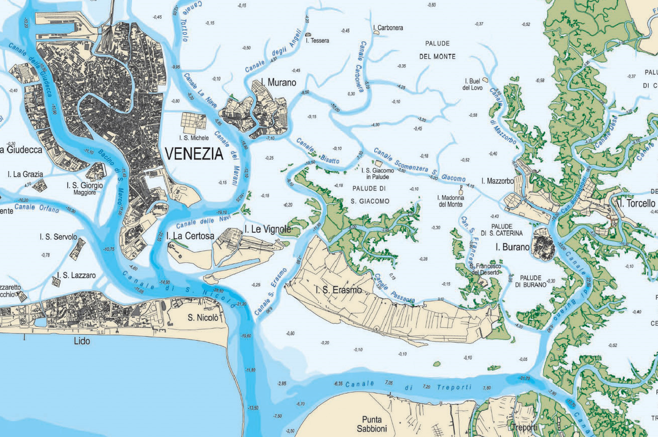 Venice - the lagoon and islands - 1932 map - showing the Grand Canal 'S' shaped making it's way through the centre of Venice