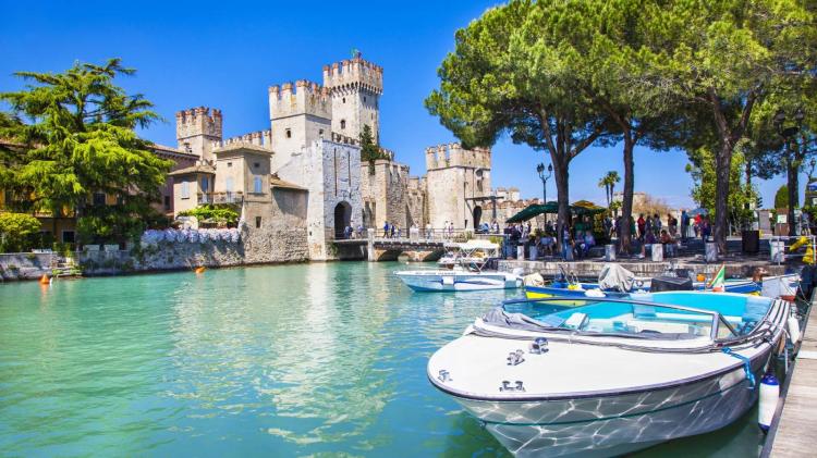 The Castle of the Scaligieri dominates the small medieval town of Sirmione, Lake Garda, Italy
