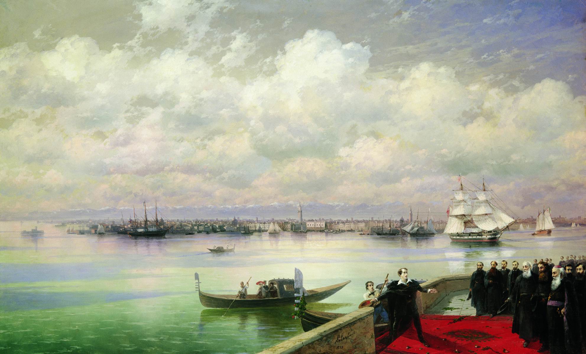This impossibly romantic image of Lord Byron (poet) arriving on the Venetian island of San Lazzaro to be welcomed by the Armenian community there (Painting 1890s)