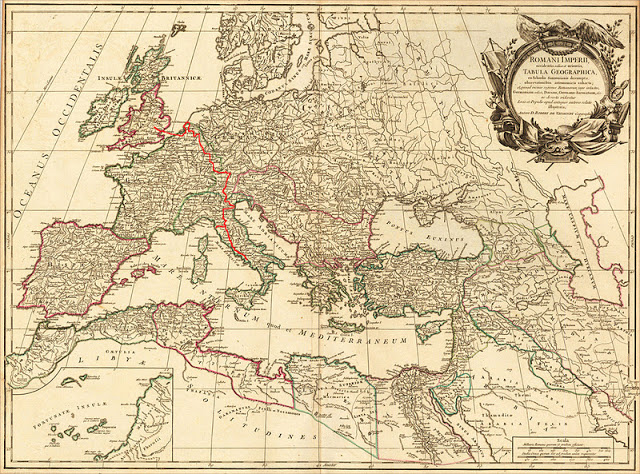 Grand Tour - historic map showing a possible route from England through France across the Alps and down into Italy (marked in red).