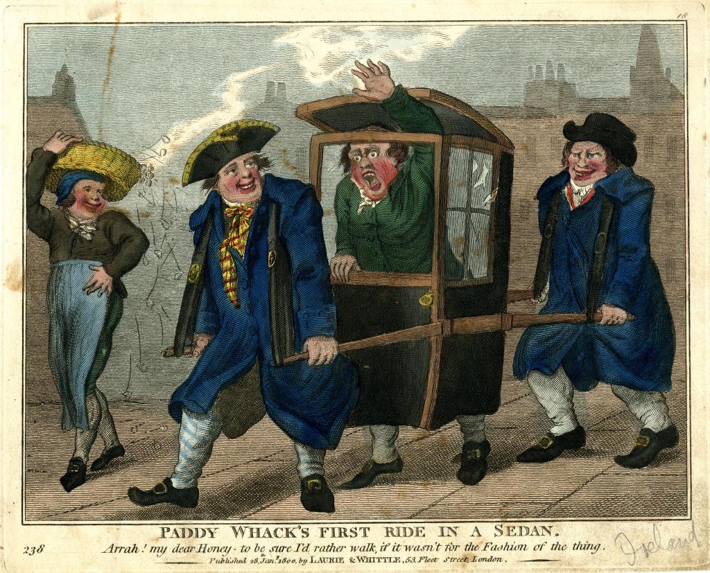 A colorful illustration depicting four characters in a humorous scene. Two men are carrying a sedan chair while a third man, inside the chair, looks startled. A woman in a straw hat and traditional attire is watching with a smile. The background shows a cityscape.