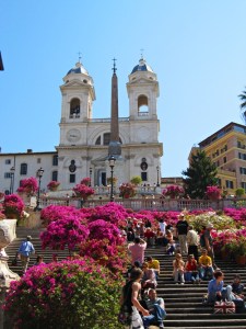 Rome - Spanish Steps - flowers and Church of Trinita dei Monti