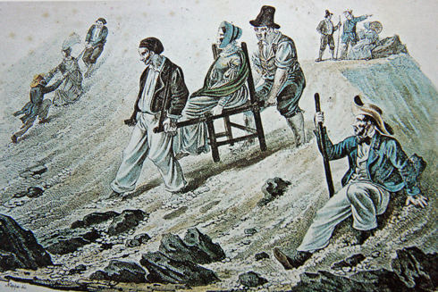 An illustration showing a group of people engaged in a hilly landscape. One person is pushing a chair with a woman seated, while others walk nearby, some using walking sticks.