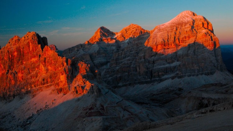 The effect of l'enrosadira on the Tofana di Rozes, Dolomites, Italy