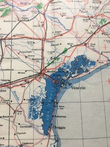 Venezia - 1942 map of the Lagoon of Venice - shows clearly the extent of the lagoon which is bounded by the River Brenta to the south and the River Piave in the north. www.educated-traveller.com