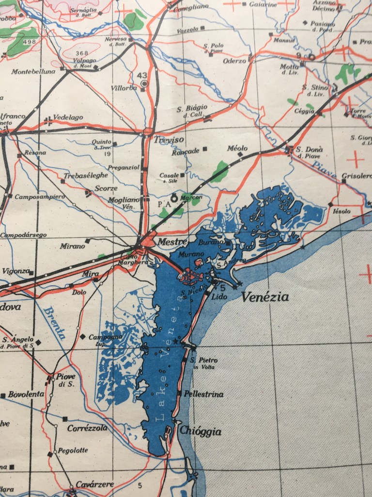 Venezia - 1942 map of the Lagoon of Venice - shows clearly the extent of the lagoon which is bounded by the River Brenta to the south and the River Piave in the north. www.educated-traveller.com