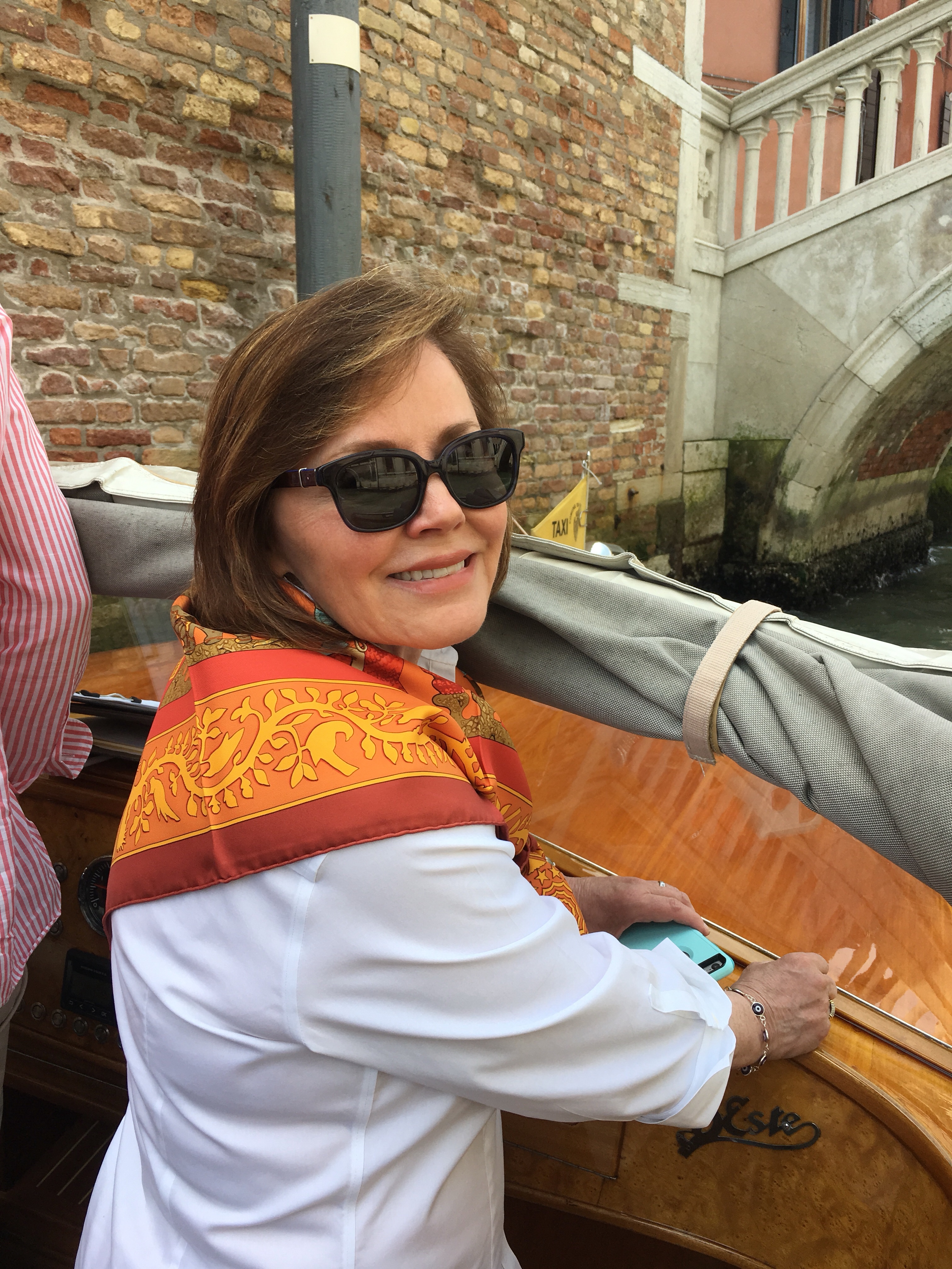 Trudy Dujardin stylish in Hermes, Venice - enjoying www.grand-tourist.com experience