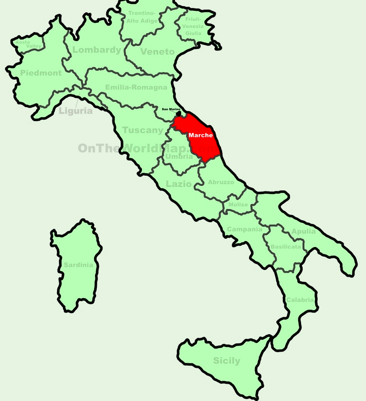Map of Italy and regions - Le Marche region is highlighted. There are airports at Ancona and Pescara. Le Marche is a two hour drive south of Venice. Map by: www.OntheWorldMap.com