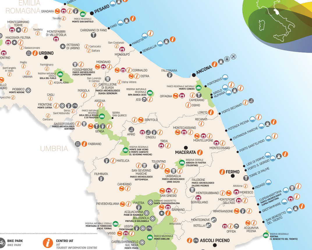 Map of Le Marche region. South of the Veneto and east of Tuscany.