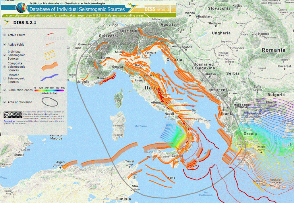 This map shows active faults and folds in the Italian peninsula, marking areas of possible seismic activity. Very impressive and informative