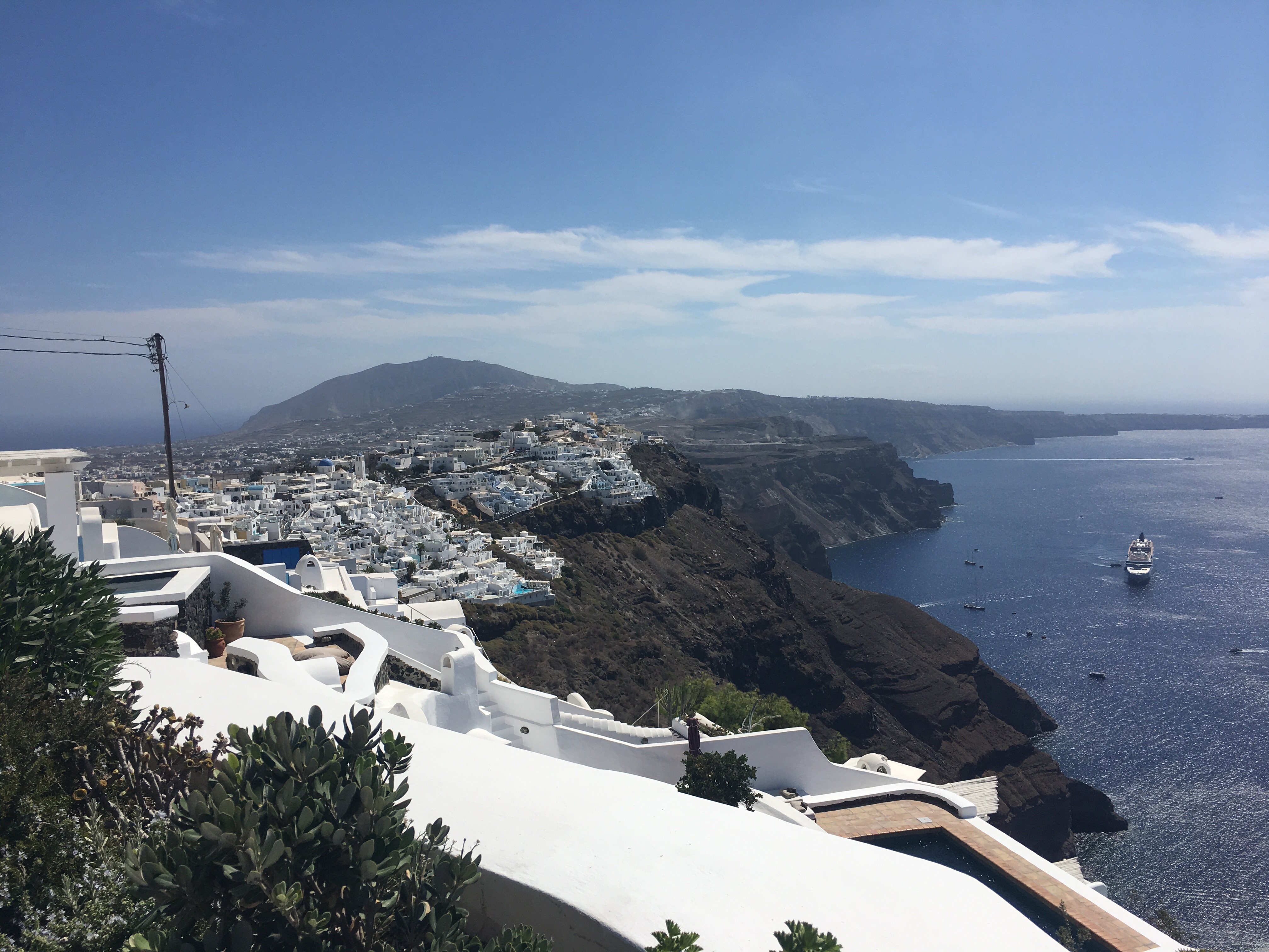 Santorini - panorama from the 'Vasilicos' Hotel down to the caldera. 
