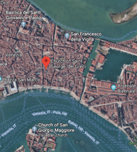 San Giorgio dei Greci (St George of the Greeks) is located a short distance from Riva degli Schiavoni (main landing stage for boats in Venice)