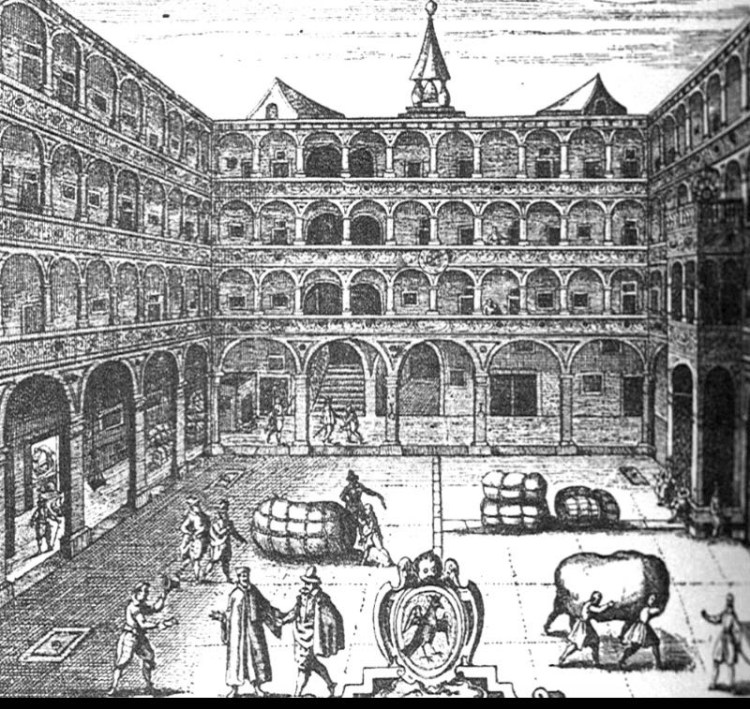 This 18th century etching of the interior courtyard of the 'Fondaco dei Tedeschi' shows goods being moved & gentlemen negotiating