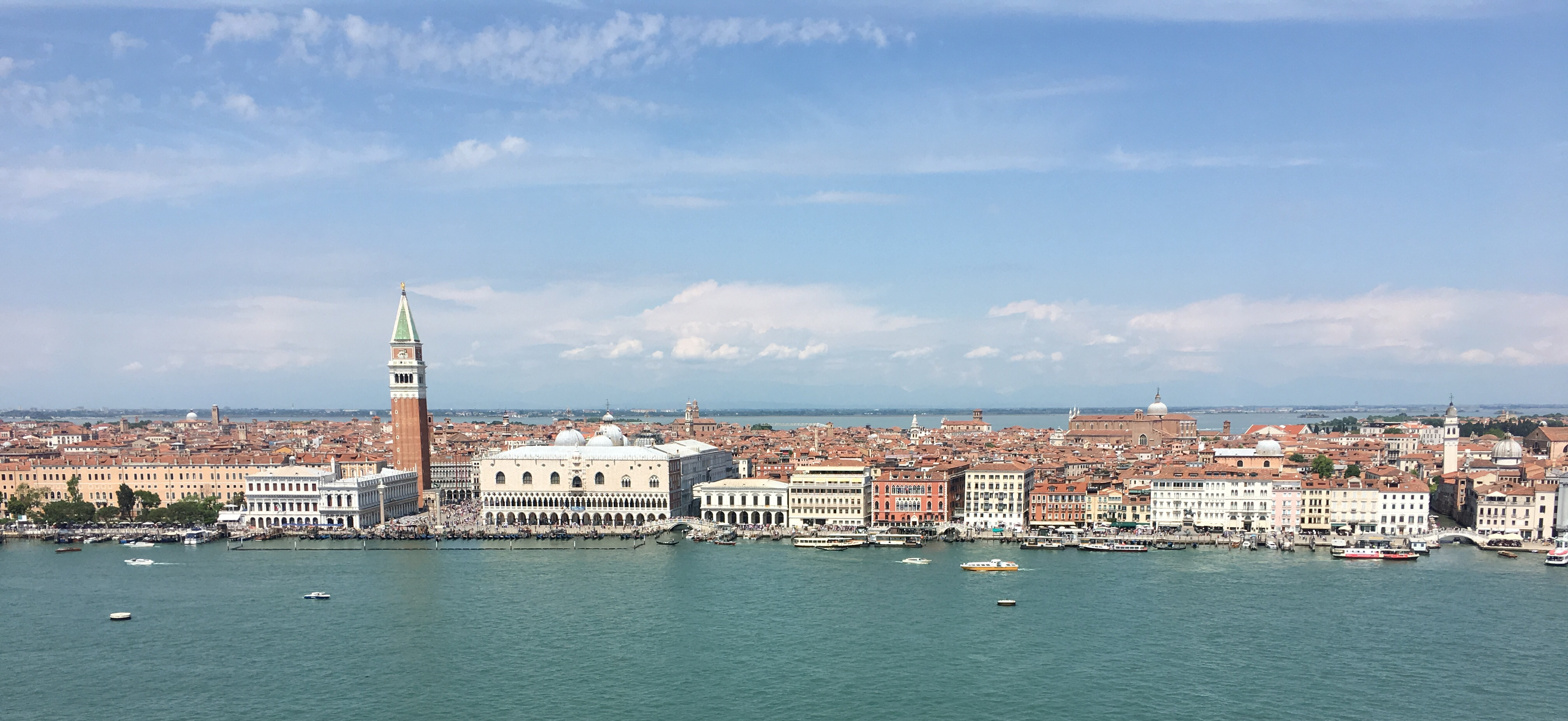Venice as viewed from the lagoon. The Bell tower of St Mark's with the Doge's Palace to the right.