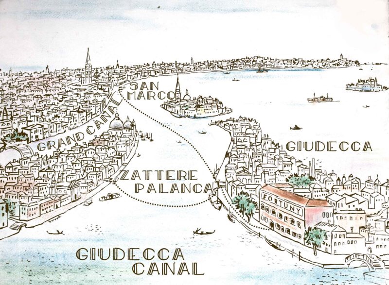 Fortuny map showing their studio and workshop (Giudecca) and how to get there from San Marco and Zattere, 2019
