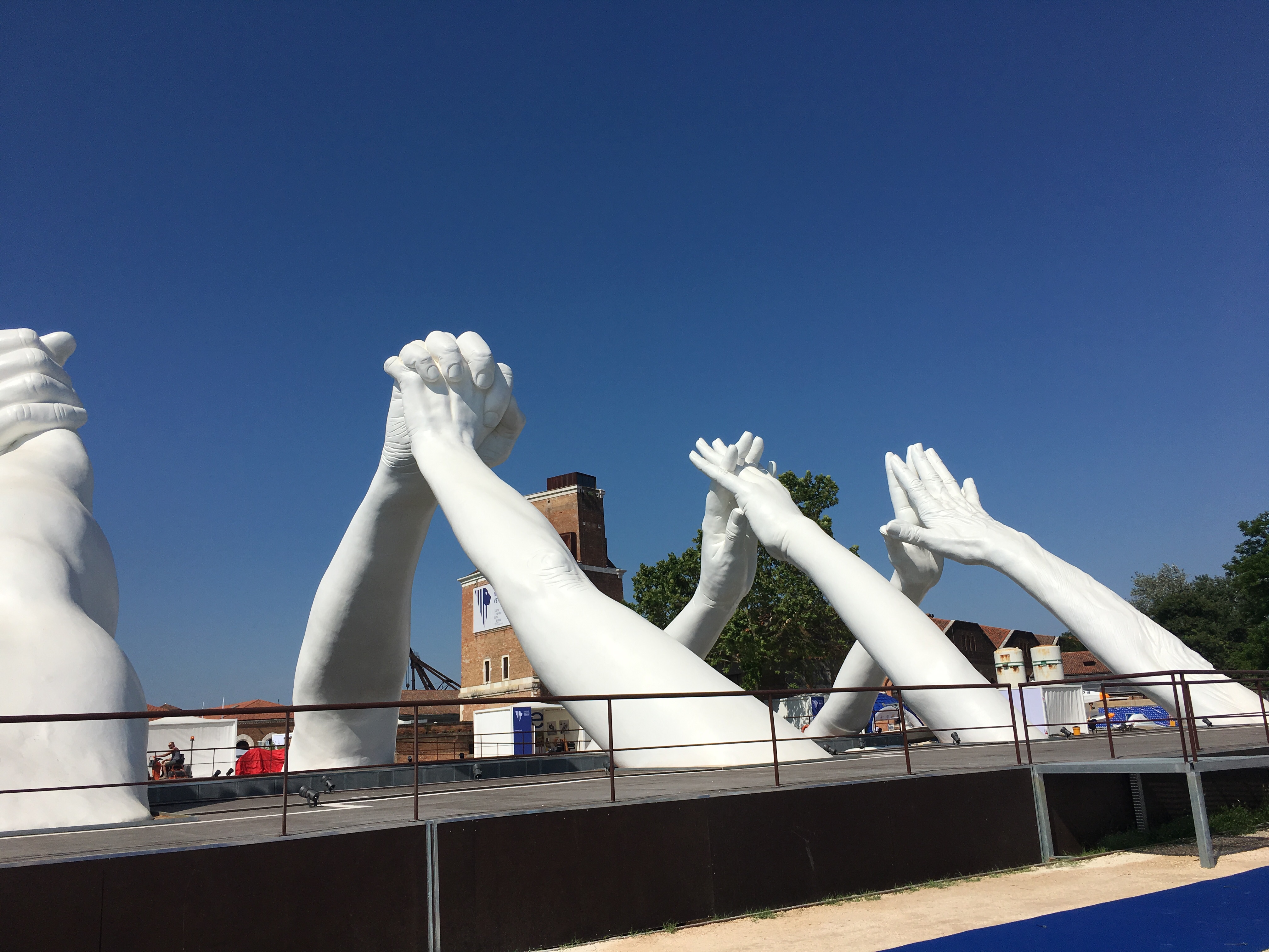 Lorenzo Quinn's 'Building Bridges' installed at one of the old dry docks east of Arsenale, Venezia
