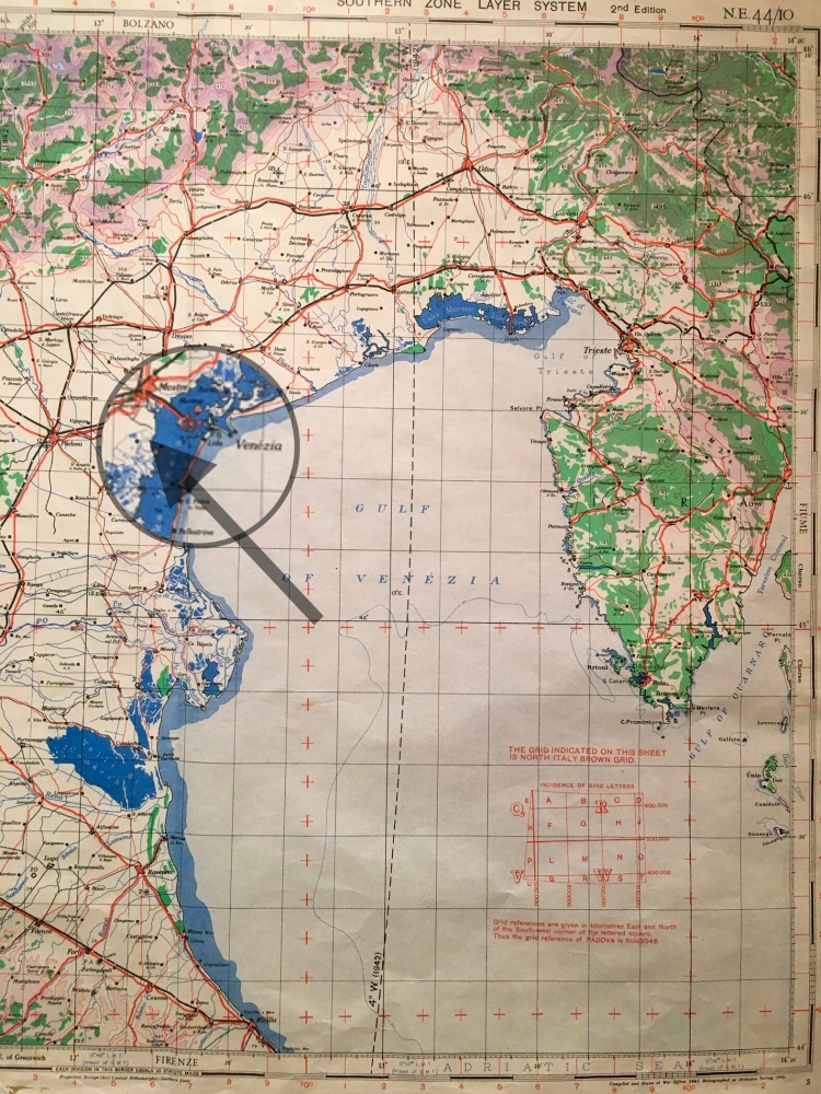 1942 map of the Venetian Lagoon and Adriatic Sea. The arrow marks the location of Villa Malcontenta