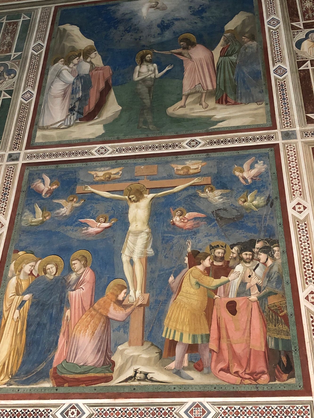 Jesus is nailed to the cross and above Baptism in River Jordan - Giotto Frescoes, Scrovegni Chapel, Padova