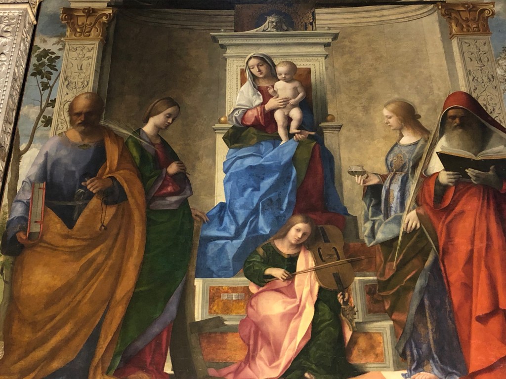 Bellini Masterpiece - San Zaccaria, Venezia - 1505 - detail. St Peter and St Catherine on the left. St Jerome and St Lucy to the right.