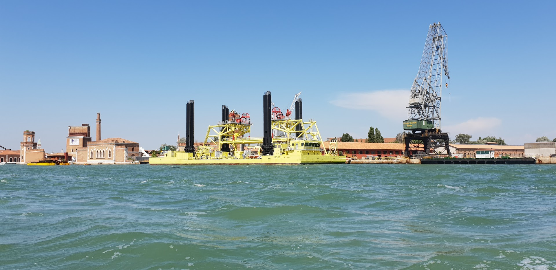 Venice - This is the MOSE Barge that is being used to position the various components of the 'flood barrier' at the mouth of the lagoon. Photo - Sept 2019 www.educated-traveller.com