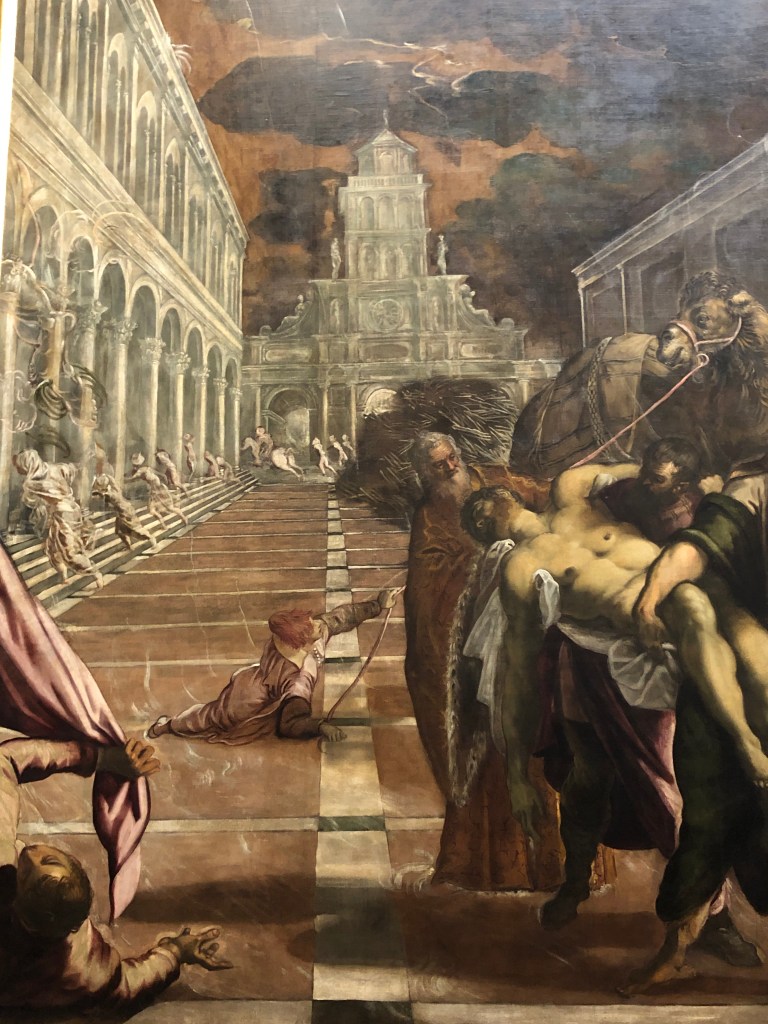 The arrival of St Mark’s body in Venice, by the great master Tintoretto. Ethereal imaginary painting. Ghostly in its construction, souls fleeing from the square?!