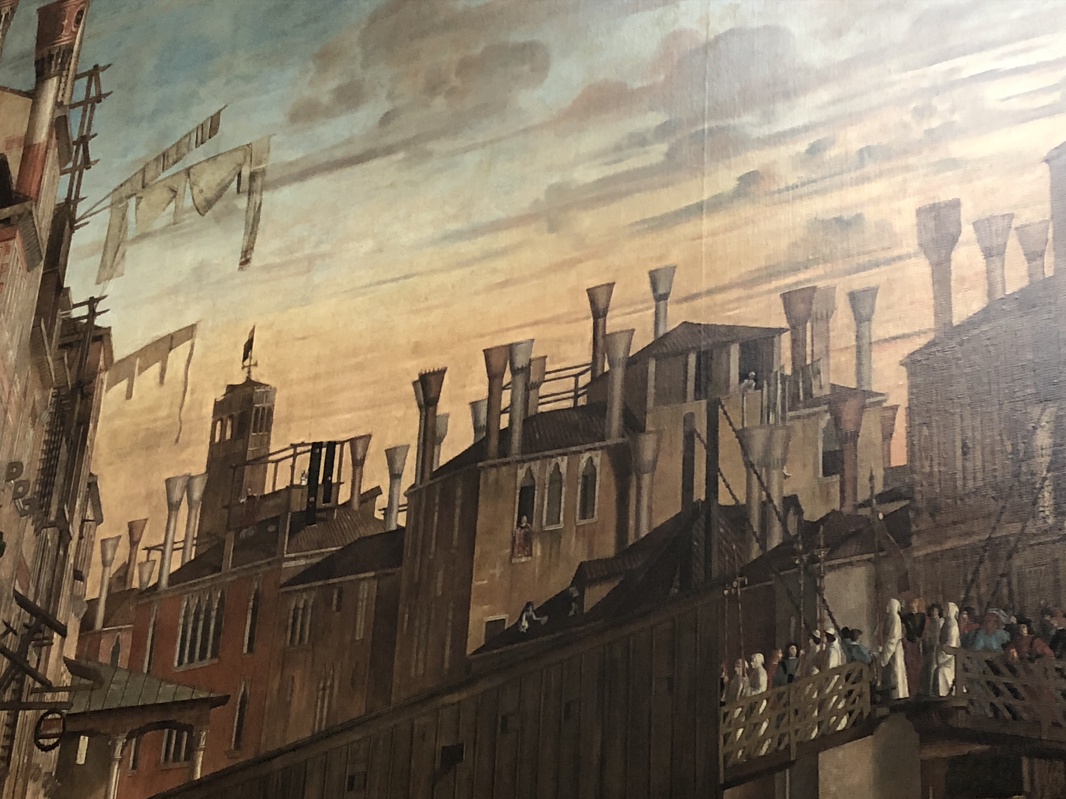 Carpaccio - Miracolo Rialto - detail 1494 - typical Venetian roof tops with unique chimneys