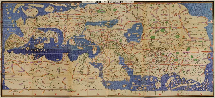 Medieval Map (1154) created by Geographer Al Idrisi at Court of Ruggero II, Sicily