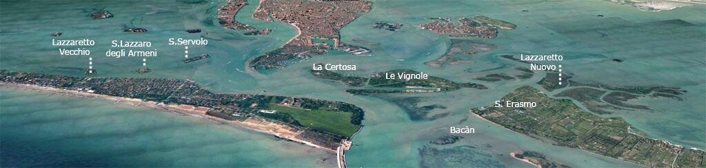 Venice and islands - showing 'Quarantine Islands' of Lazzaretto Vecchio and Lazzaretto Nuovo