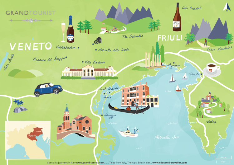 Grand Tourist Map of Veneto & Friuli regions by talented artist Bek Cruddace, commissioned by www.educated-traveller.com