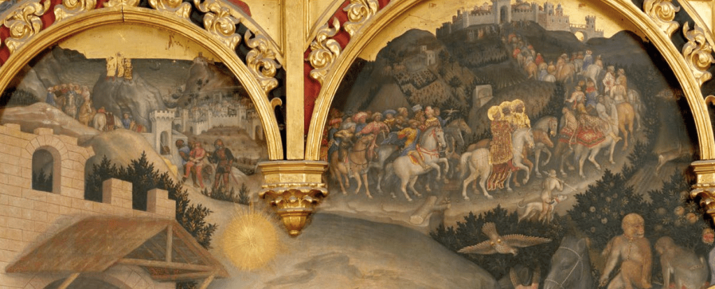 Adoration of the Magi - Gentile di Fabriano 1420s, Uffizi Gallery, Florence - detail of procession arriving at castle