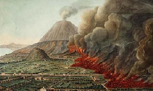 Bay of Naples and Vesuvius - 18th century painting showing the Flegrian Fields smoking and burning.