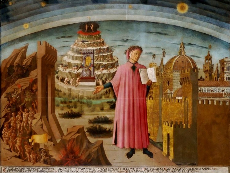 Dante's Commedia - a painting by Domenico di Michelino (1456) which hangs in the Duomo, Florence.