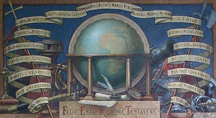 Fabulous Globe Painting at Miramare listing all the great Italian explorers from Amerigo Vespucci to Marco Polo