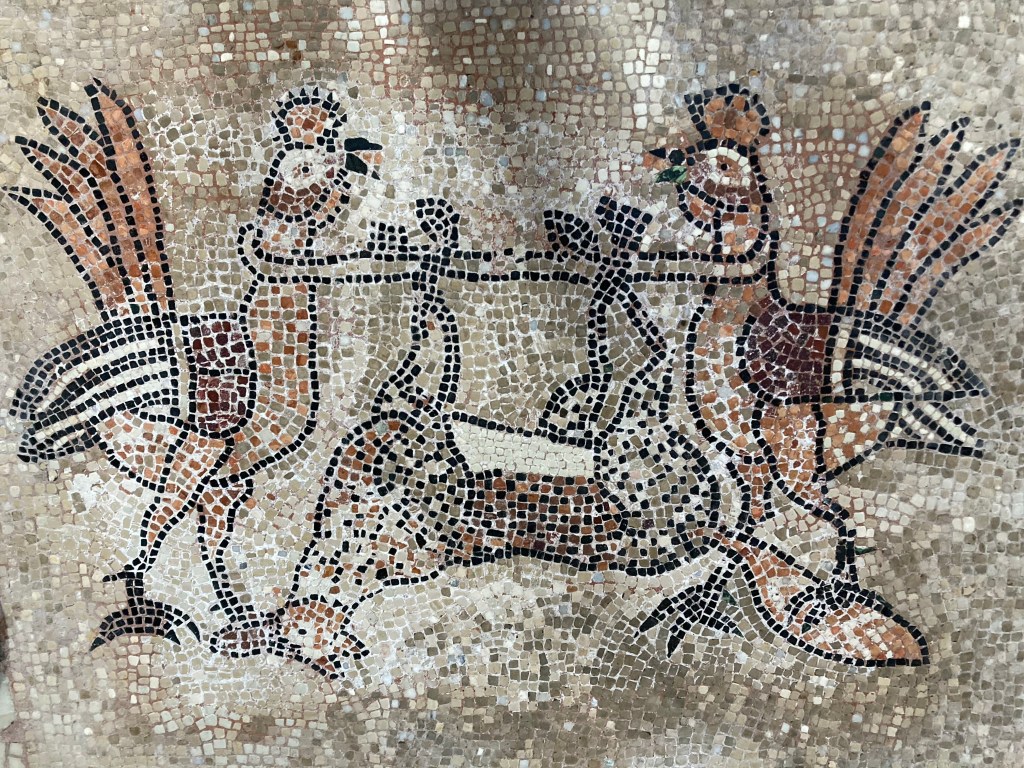 Murano - humour - a pair of cockerels carry a trussed deer, Murano - mosaics