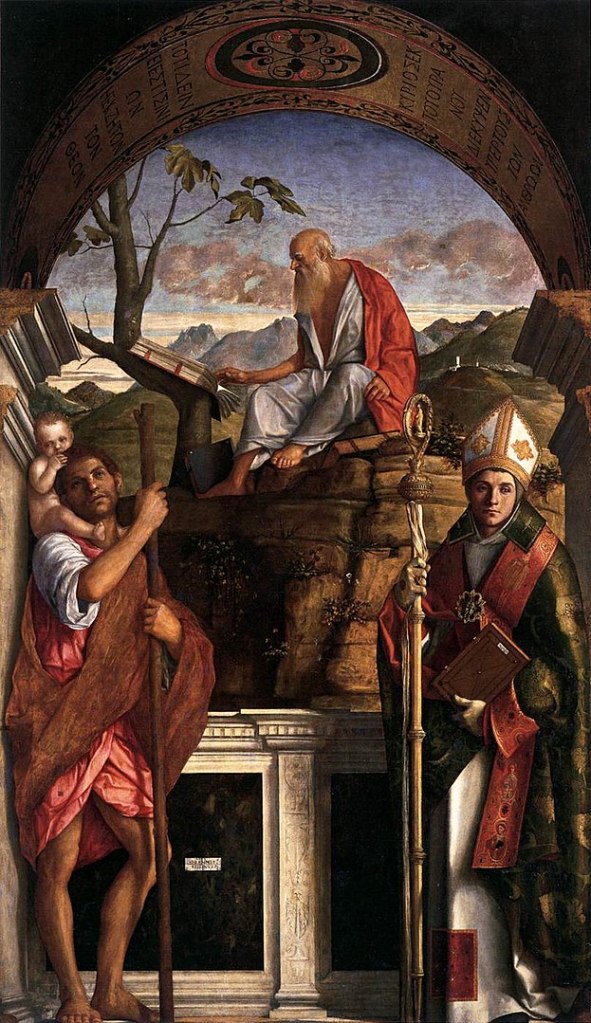 Bellini painting - Sts Christopher and Jerome, with the Bishop of Toulouse