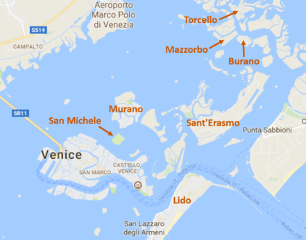 Map showing the location of Torcello, Mazzorbo, Burano, Murano, San Michele, Sant'Erasmo, and Lido in the Venetian Lagoon.