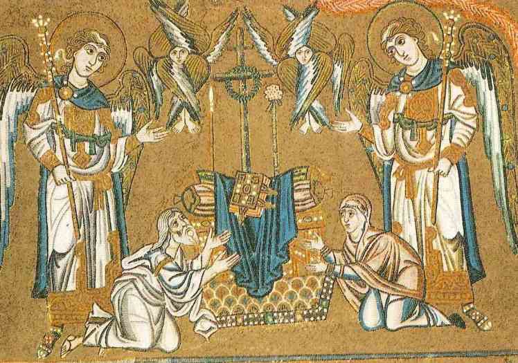 Mosaic depiction of angels and figures in religious attire, with two kneeling individuals before a large central cross, surrounded by ornate decorations.