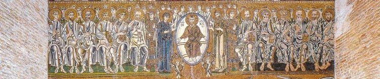 Mosaic depicting a religious scene with Christ and apostles in the Basilica of Santa Maria Assunta on Torcello Island.