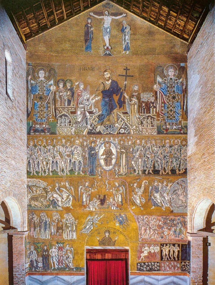 Mosaic artwork depicting the Last Judgement in the Basilica of Santa Maria Assunta on Torcello, showcasing Christ's crucifixion, resurrection, and scenes of heaven and hell.