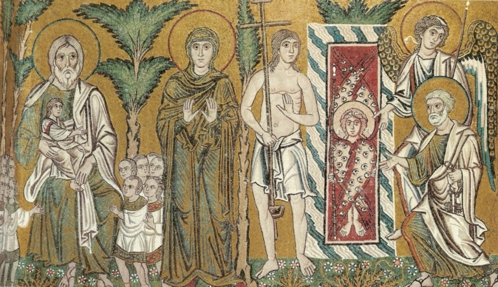 Mosaic depicting scenes from the Bible, featuring saints, angels, and palm trees, showcasing intricate designs and vibrant colors.