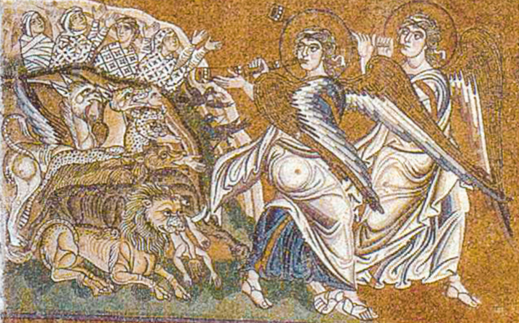 Detail of the 'Last Judgement' mosaic from the Basilica of Santa Maria Assunta, depicting angels, wild animals, and figures in a vibrant and colorful style.